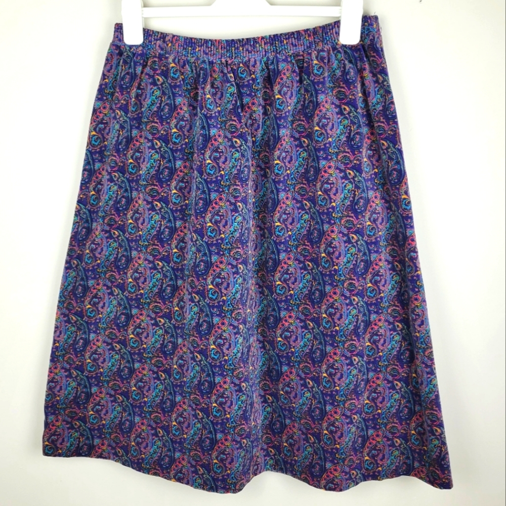Vintage Western Colorful Paisley Soft Velvety Velour Cotton A-Line Pull On Skirt